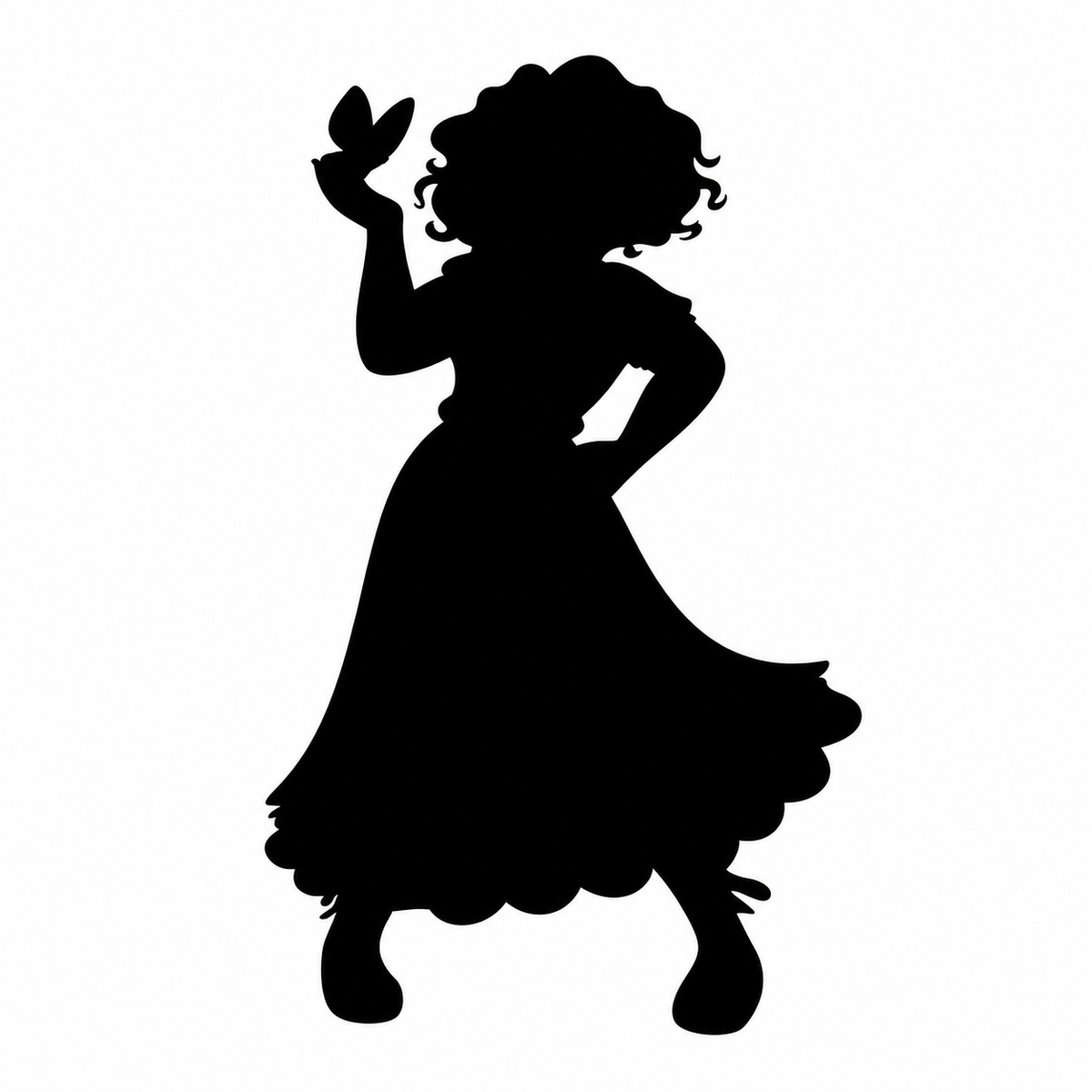 A 2x2 inch Glitter Tattoo Faketoos - Mirabel Madrigal (small) stencil featuring a black silhouette of a girl with curly hair in a long skirt, holding a butterfly on her finger.