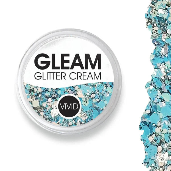 Infinity Faces Glitter Cream Gleam - Bluebell (10g) features chunky blue, silver, and teal glitter, ideal for face painting. A swatch of this vivid glitter appears along the right edge of the image.